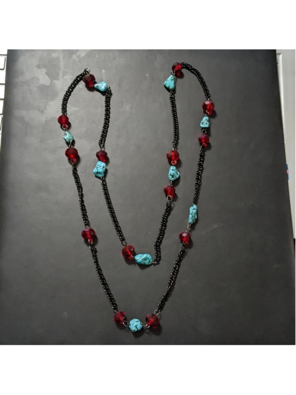 Black Chain Red Faceted Crystal Faux Turquoise Beaded Long Statement Necklace